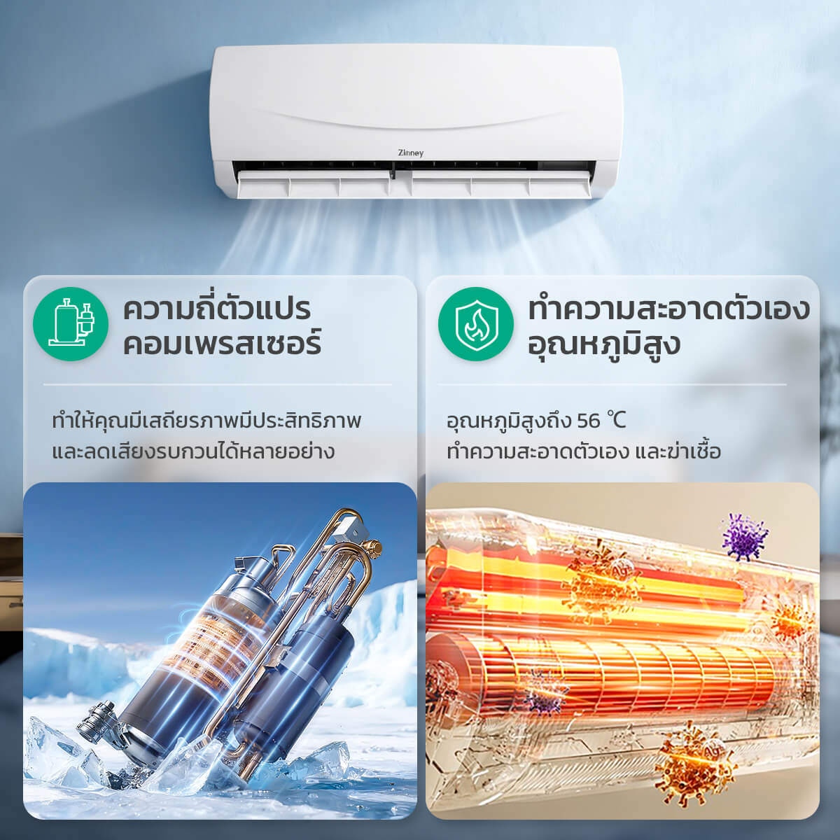 Zinney แอร์ Inverter ขนาด 9,500 BTU รุ่น ZAC-BP09A เครื่องปรับอากาศติดผนัง เย็นเร็ว ทนทาน ประหยัดไฟ
